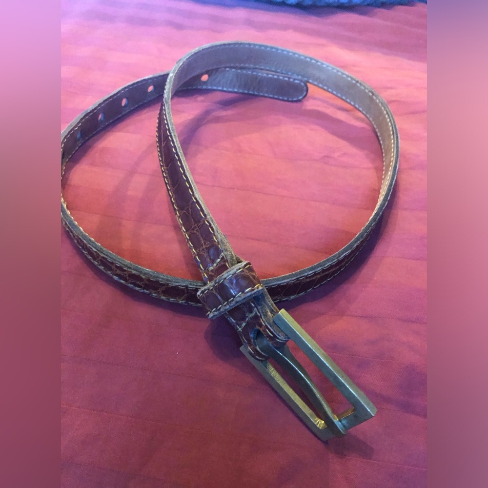 Johnny Farah Womens Skinny Belt M Medium Brown Alligator Leather Brass Buckle